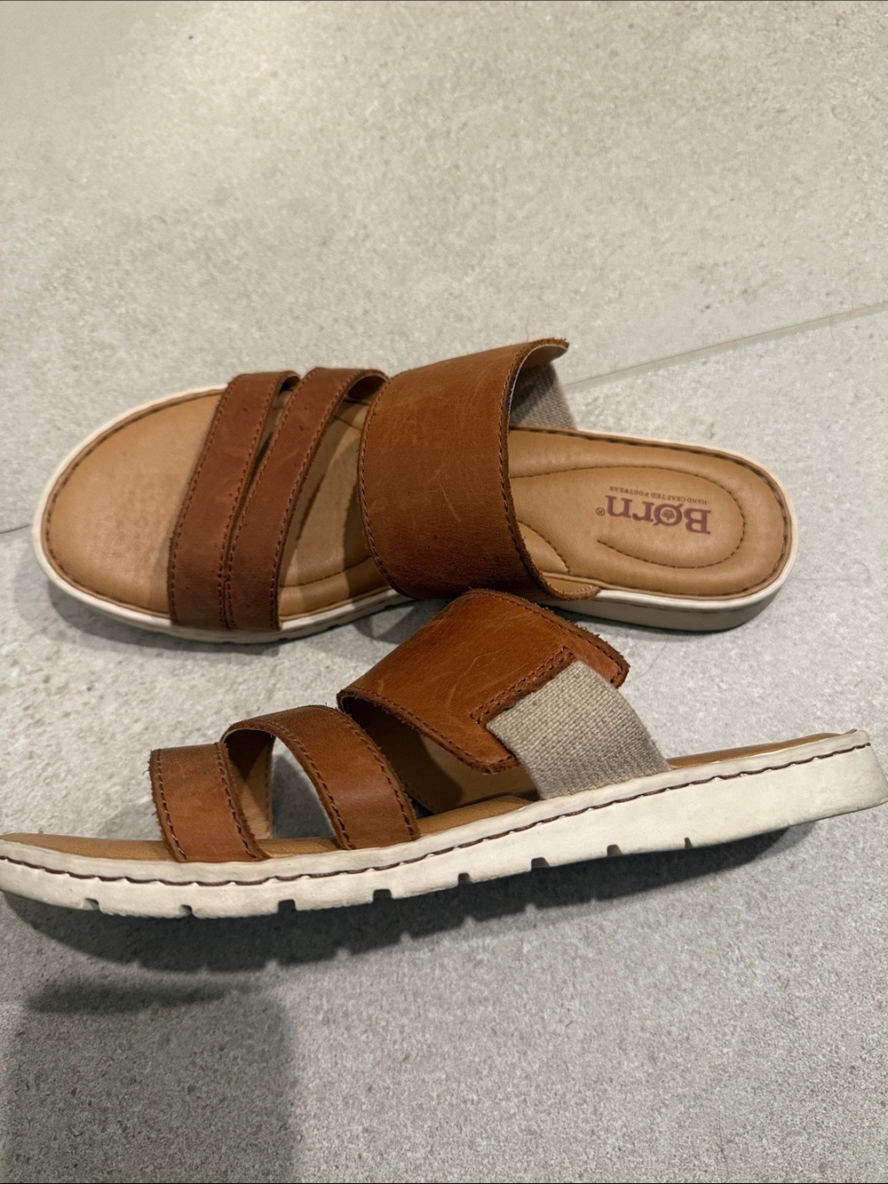 Born Tan Leather Triple-Strap Slide Sandals 8 - Picture 6 of 8